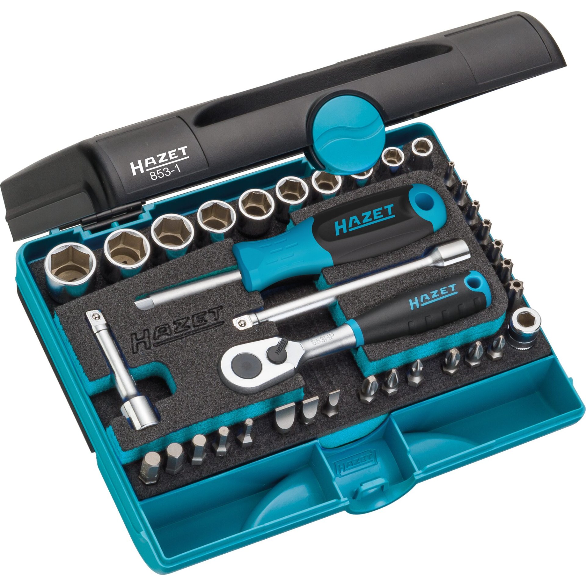 HAZET Steckschlüssel Satz 853-1 ∙ 1/4 Zoll (6,3 mm) Sechskant massiv, 1/4 Zoll (6,3 mm) Vierkant hohl ∙ Außen Sechskant-Tractionsprofil, Innen Sechskant Profil, Kreuzschlitz Profil PH, Schlitz Profil, Pozidriv Profil PZ, Tamper Resistant TORX® Profil ∙ 0,6 x 4,5 – 1,2 x 8 ∙ 3 – 14 ∙ PH1 – PH3 ∙ PZ1 – PZ3 ∙ T10H – T40H ∙ Anzahl Werkzeuge: 36
