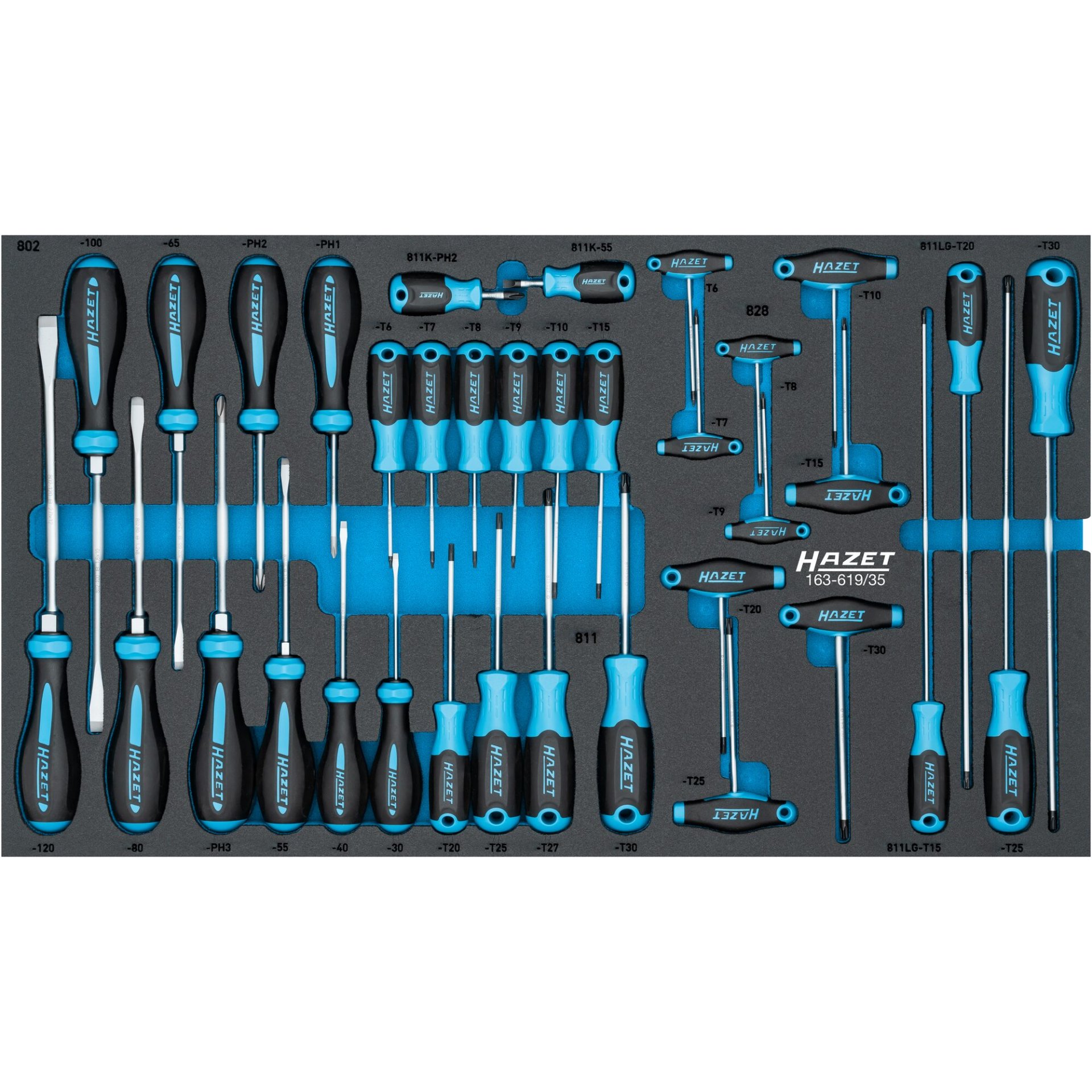 HAZET Schraubendreher-Satz 163-619/35 ∙ Innen TORX® Profil, Kreuzschlitz Profil PH, Schlitz Profil ∙ 35-teilig ∙ PH1 – PH3 ∙ T6 – T30 ∙ 0,6 x 3,5 – 2 x 12