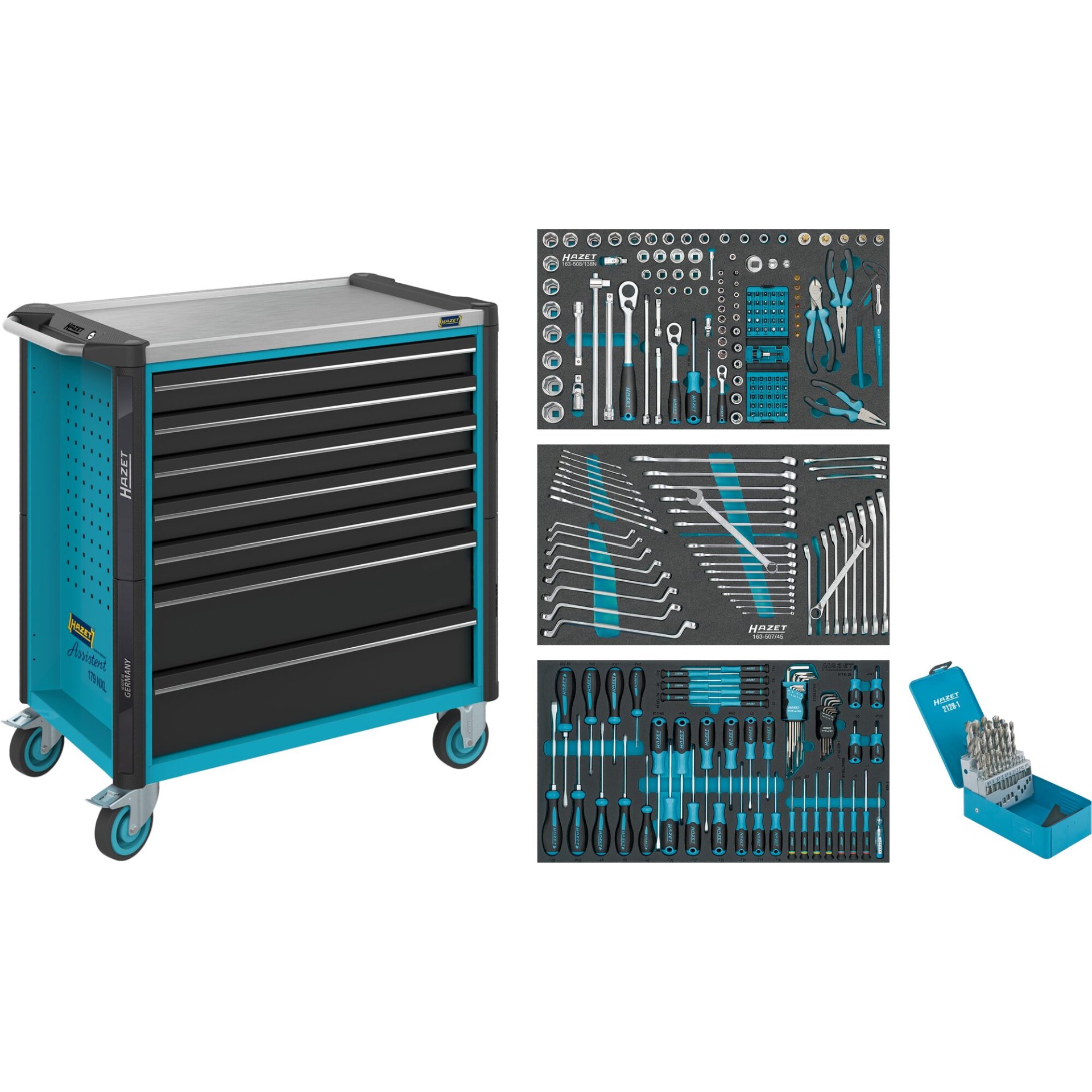 HAZET Werkstattwagen Assistent 179NXL ∙ Sortiment 179NXL-7/265 ∙ 265-teilig ∙ Schubladen, flach: 5× 81 x 696 x 398 mm ∙ Schubladen, hoch: 2× 166 x 696 x 398 mm