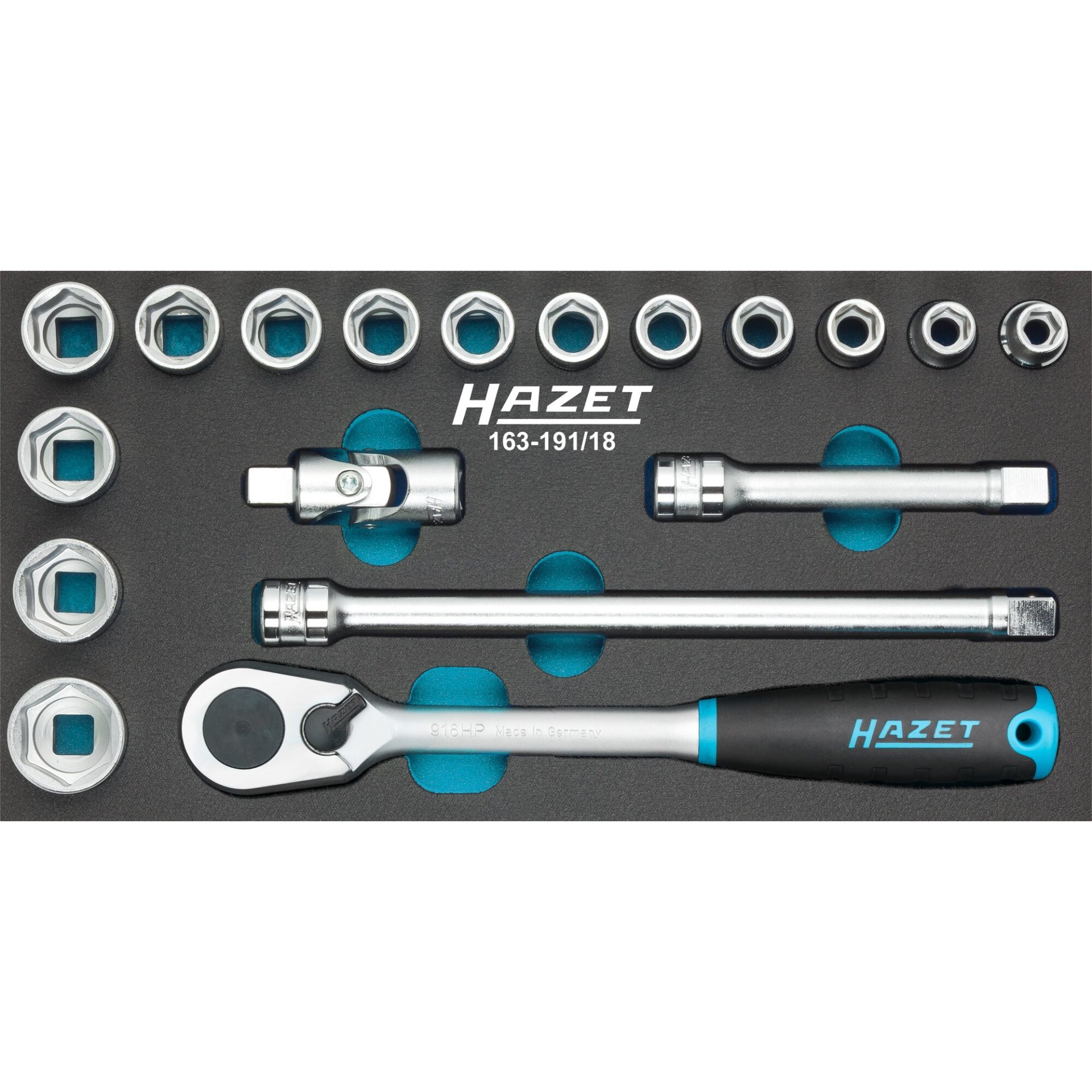 HAZET Socket set 163-191/18 ∙ 1/2 inch (12.5 mm) square, hollow ∙ Outside hexagon traction profile ∙ 10 ∙ 11 ∙ 12 ∙ 13 ∙ 14 ∙ 15 ∙ 16 ∙ 17 ∙ 18 ∙ 19 ∙ 21 ∙ 22 ∙ 24 ∙ 27 ∙ Number of tools: 18