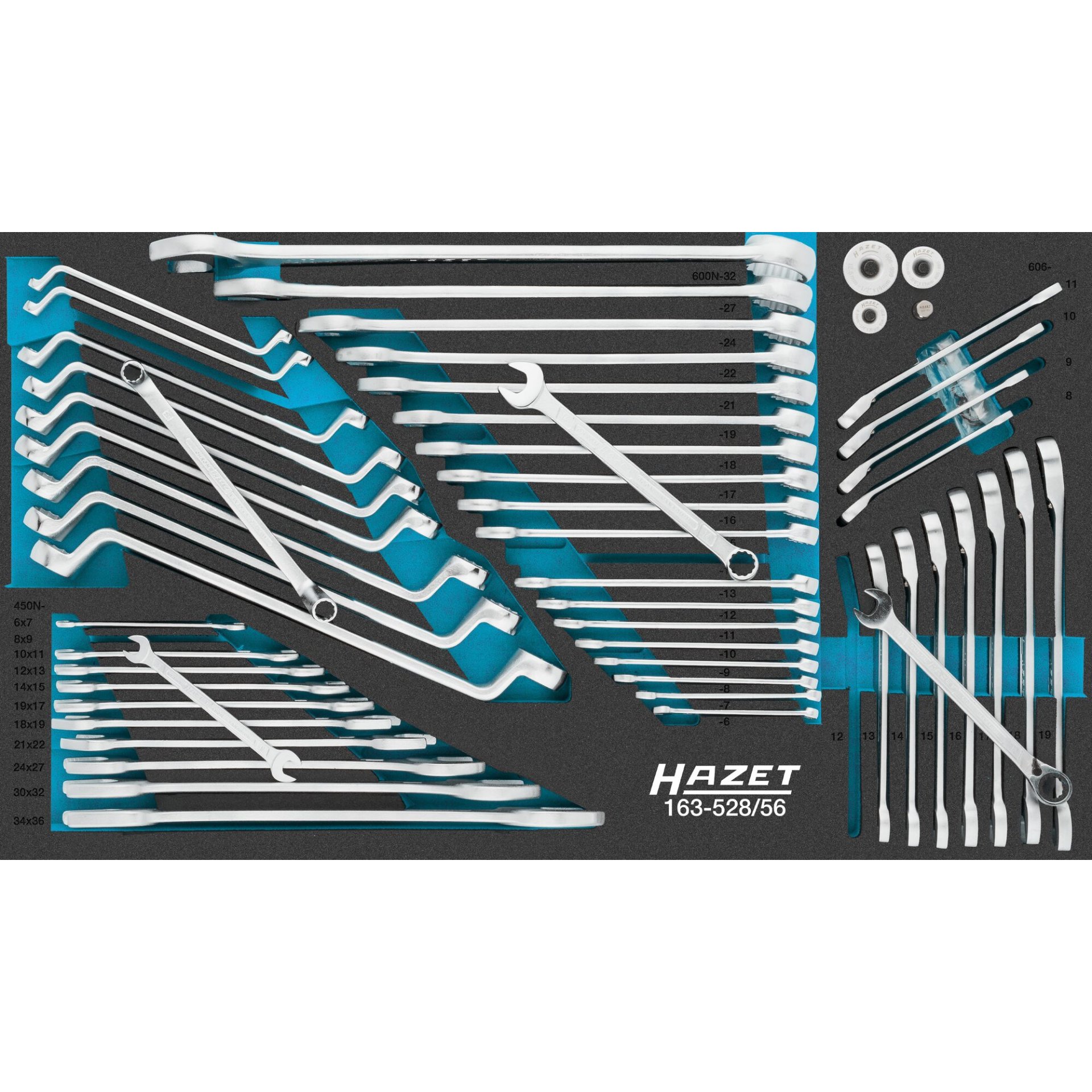 HAZET Wrench set 163-528/56 ∙ Outside hexagon profile, Outside 12-point traction profile ∙ 6 x 7 – 34 x 36 ∙ Number of tools: 56