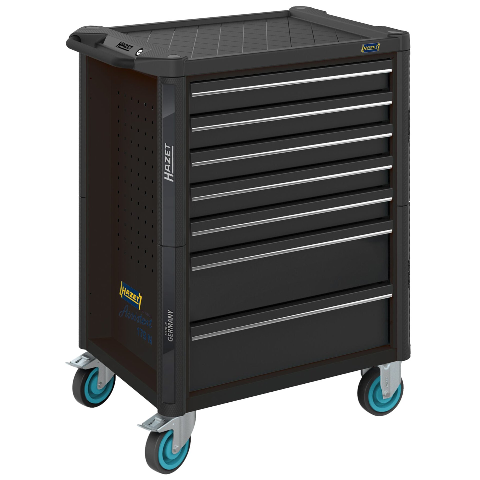 HAZET Werkstattwagen Assistent 179N-7-RAL9005 ∙ 785 mm x 518 mm x 1020 mm ∙ Schubladen, flach: 5× 81 x 522 x 398 mm ∙ Schubladen, hoch: 2× 166 x 522 x 398 mm