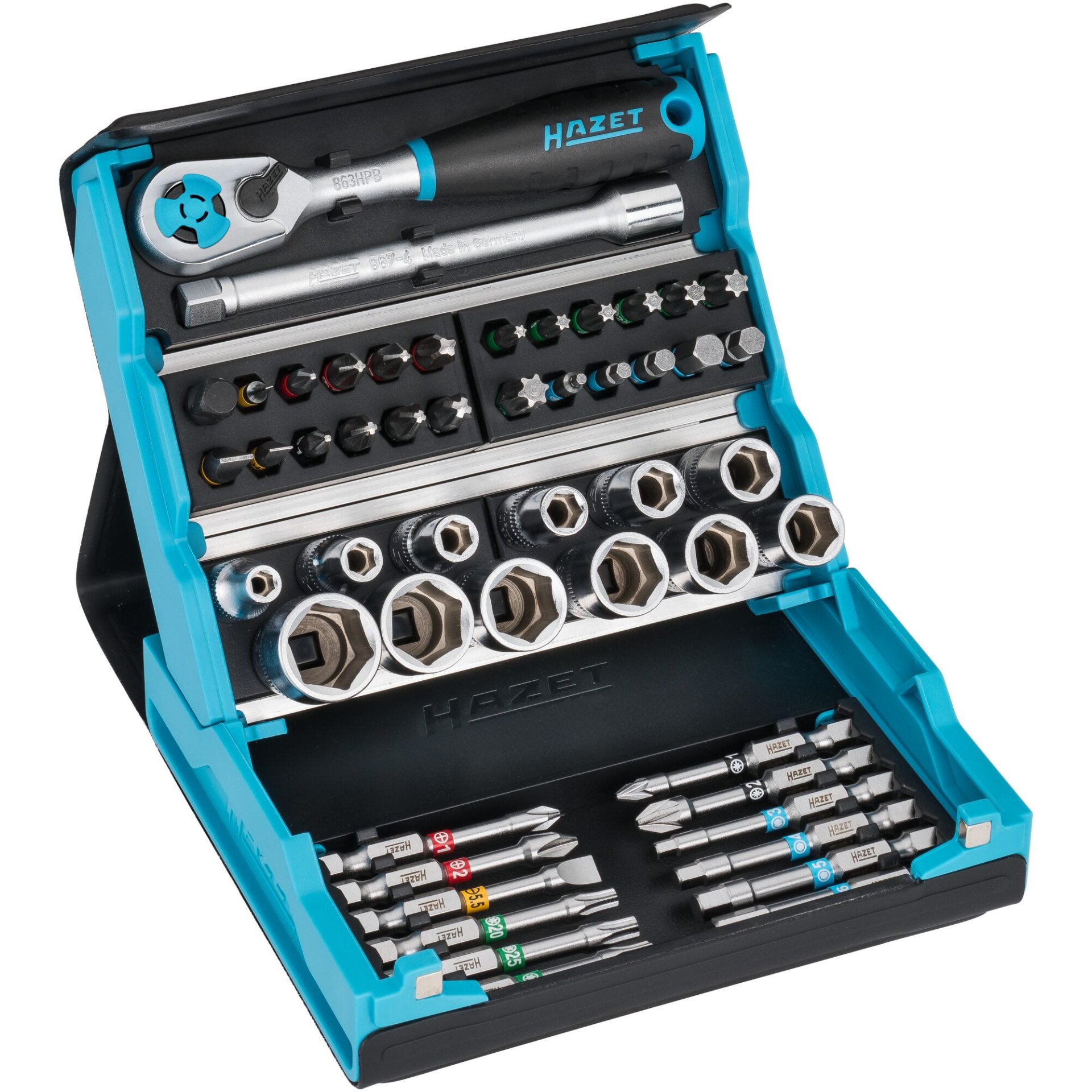 HAZET SmartCase Steckschlüssel Satz 2200SC-2 ∙ 1/4 Zoll (6,3 mm) Sechskant massiv, 1/4 Zoll (6,3 mm) Vierkant hohl ∙ Außen Doppelsechskant-Tractionsprofil, Schlitz Profil, Kreuzschlitz Profil PH, Pozidriv Profil PZ, Innen Sechskant Profil, Innen TORX® Profil ∙ 0,5 x 4 – 1,2 x 6,5 ∙ 2 – 14 ∙ PH1 – PH3 ∙ PZ1 – PZ3 ∙ T10 – T40 ∙ Anzahl Werkzeuge: 50