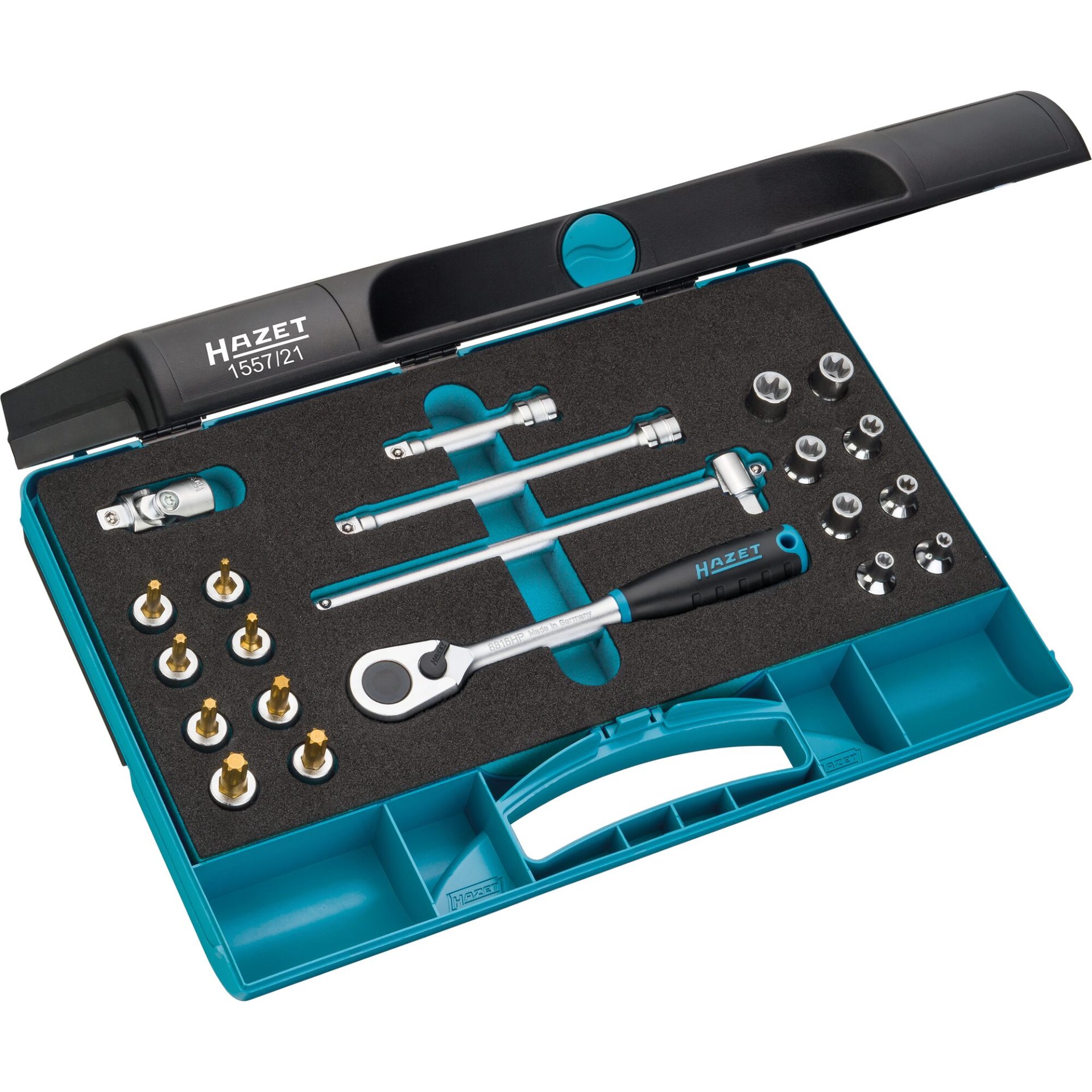 HAZET Tool set ∙ TORX® 1557/21 ∙ 3/8 inch (10 mm) square, hollow ∙ Outside TORX® profile, Inside TORX® profile ∙ E5 – E14 ∙ T15 – T50 ∙ Number of tools: 21