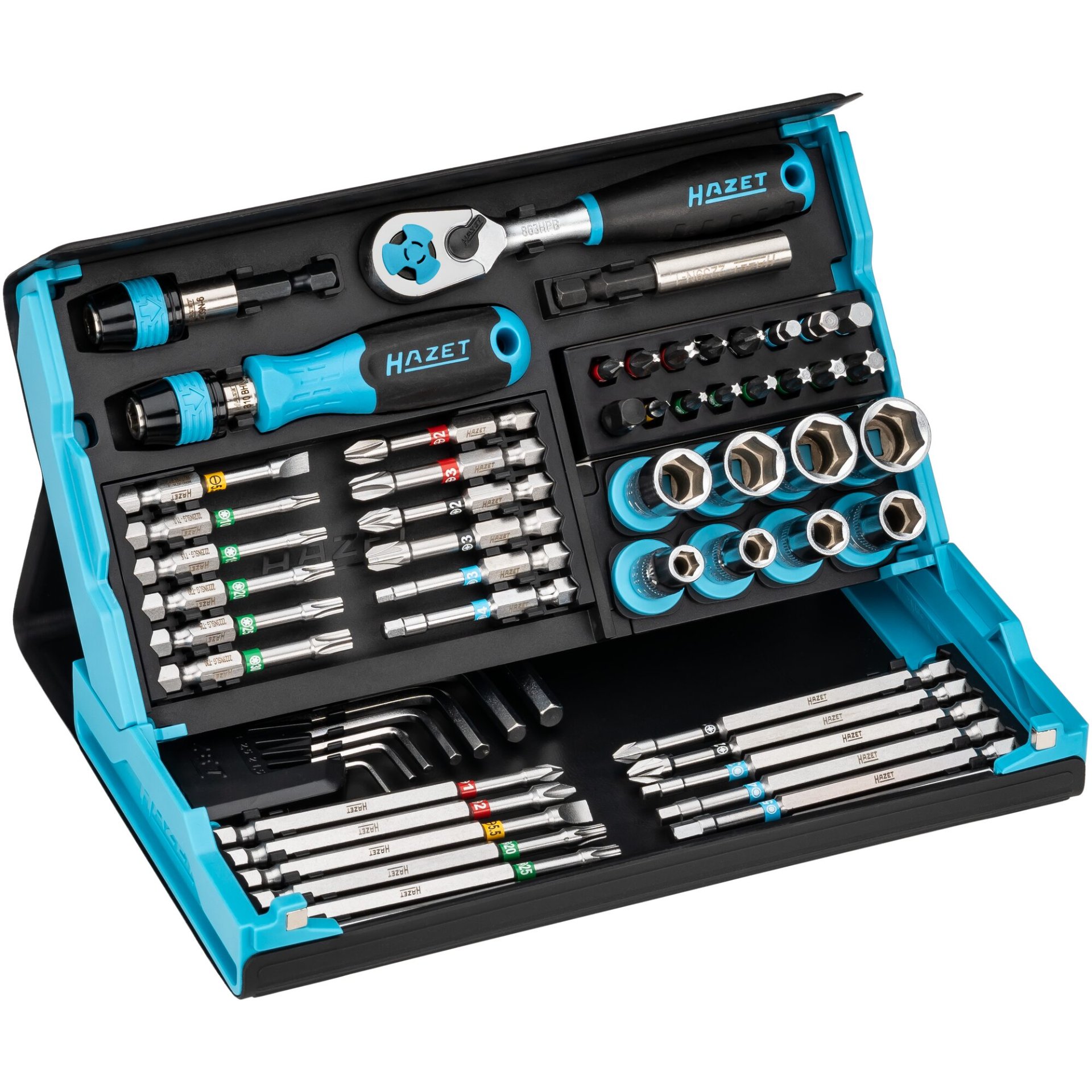 HAZET SmartCase Steckschlüssel Satz 2200SC-32 ∙ 1/4 Zoll (6,3 mm) Sechskant massiv, 1/4 Zoll (6,3 mm) Vierkant hohl ∙ Schlitz Profil, Kreuzschlitz Profil PH, Pozidriv Profil PZ, Innen Sechskant Profil, Innen TORX® Profil, Tamper Resistant TORX® Profil ∙ 0,4 x 1,5 – 0,8 x 5,5 ∙ 1,5 – 13 ∙ PH1 – PH3 ∙ PZ1 – PZ2 ∙ T10 – T40 ∙ Anzahl Werkzeuge: 59