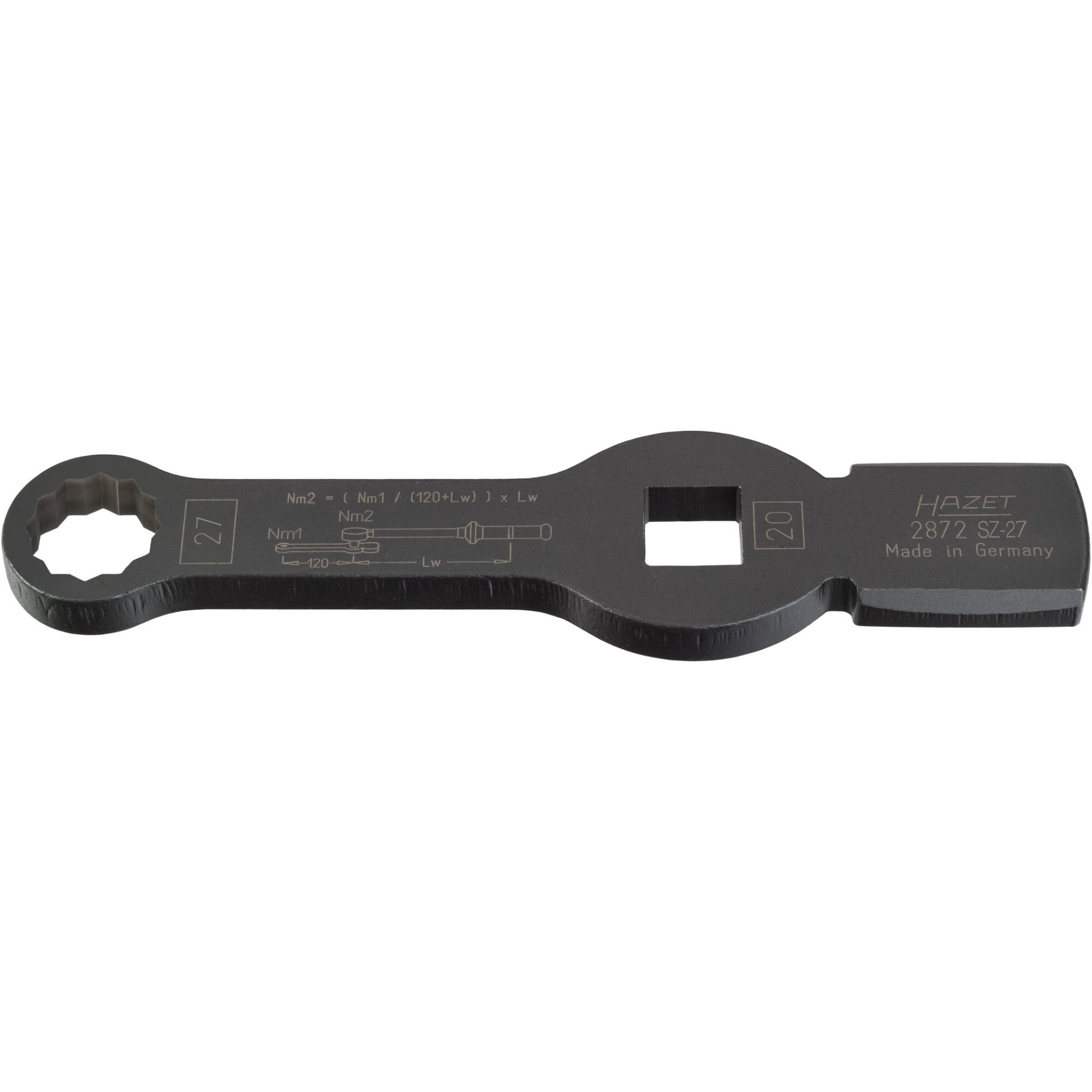 HAZET Box-end wrench - striking face pattern ∙ 12-point ∙ with 2 striking faces 2872SZ-27 ∙ 3/4 inch (20 mm) square, hollow ∙ Outside 12-point profile ∙ size 27 mm