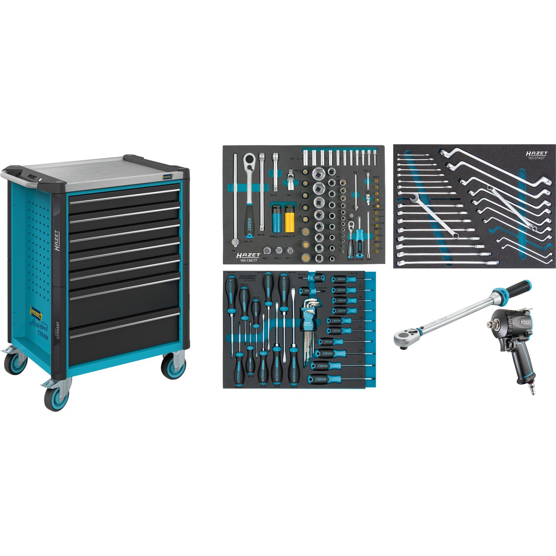 HAZET Werkstattwagen Assistent ∙ mit Sortiment 179NX-7/137 ∙ 785 mm x 518 mm x 1020 mm ∙ Schubladen, flach: 5× 81 x 522 x 398 mm ∙ Schubladen, hoch: 2× 166 x 522 x 398 mm ∙ Anzahl Werkzeuge: 137
