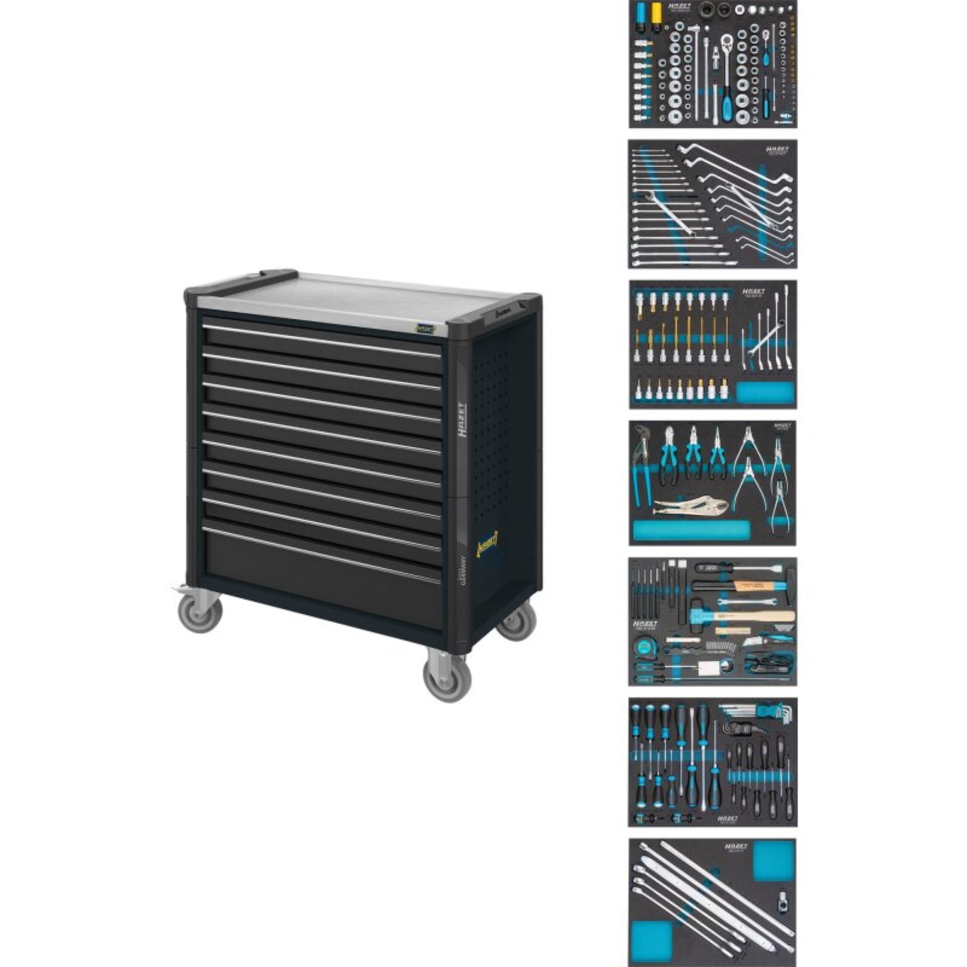 HAZET Werkstattwagen Assistent ∙ mit Sortiment 179NXL-8-VW/243 ∙ 959 mm x 518 mm x 1020 mm ∙ Schubladen, flach: 7× 81 x 696 x 398 mm ∙ Schubladen, hoch: 1× 166 x 696 x 398 mm ∙ Anzahl Werkzeuge: 243