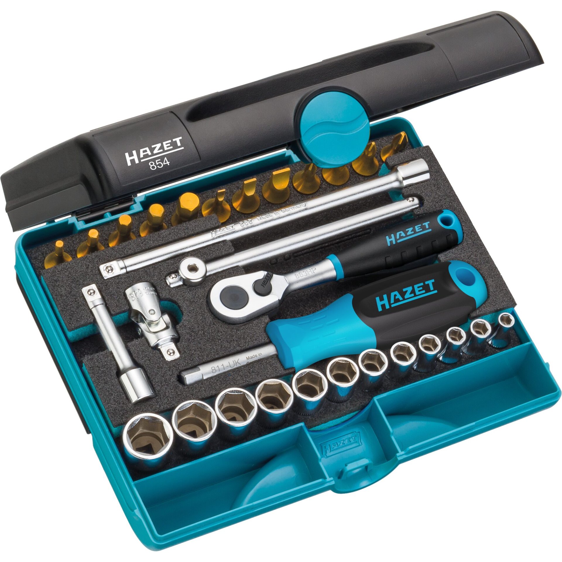 HAZET Steckschlüssel Satz 854 ∙ 1/4 Zoll (6,3 mm) Vierkant hohl ∙ Außen Sechskant-Tractionsprofil, Innen Sechskant Profil, Kreuzschlitz Profil PH, Pozidriv Profil PZ, Schlitz Profil ∙ 0,6 x 3,5 – 1,2 x 8 ∙ 3 – 14 ∙ PH1 – PH2 ∙ PZ1 – PZ2 ∙ Anzahl Werkzeuge: 30