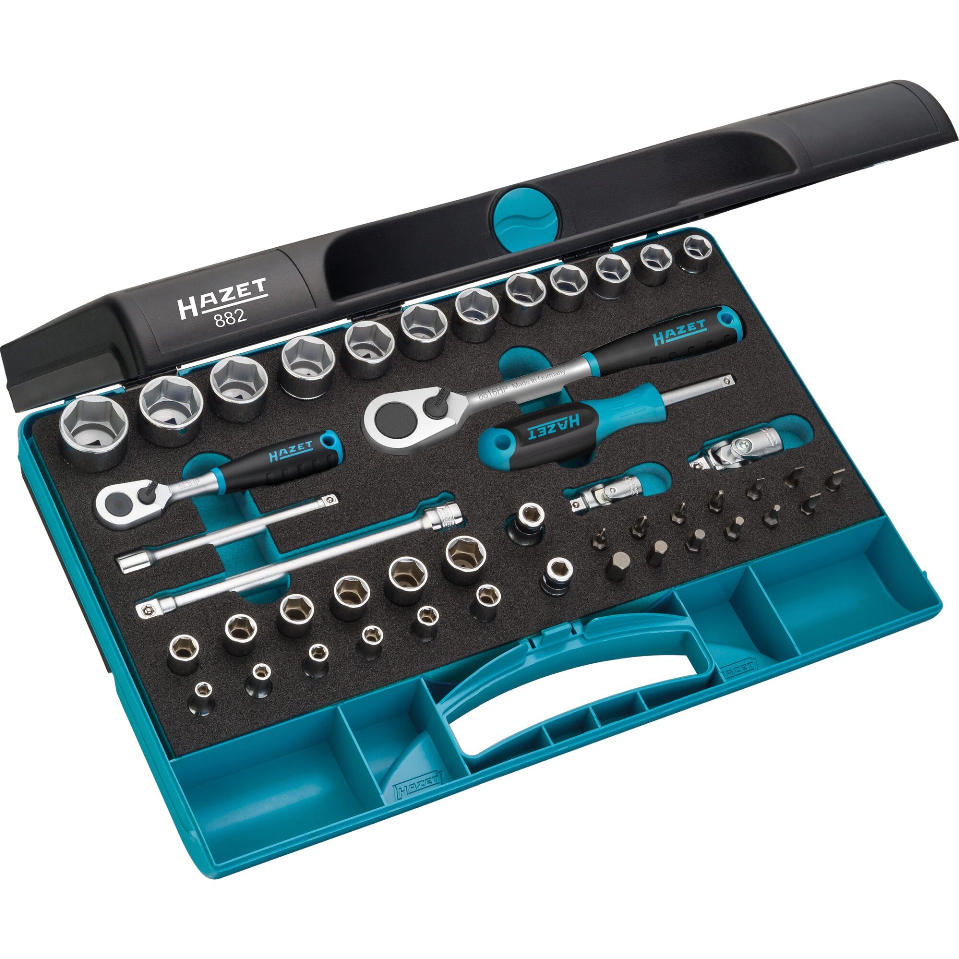 HAZET Socket set 882 ∙ 3/8 inch (10 mm) square, hollow, 1/4 inch (6.3 mm) square, hollow, 1/4 inch (6.3 mm) hexagon, solid ∙ Outside hexagon traction profile, Inside hexagon profile, Slot profile, Cross recess profile PH, Pozidriv profile PZ ∙ 0.5 x 4 – 1 x 6 ∙ 3 – 22 ∙ PH1 – PH2 ∙ PZ1 – PZ2 ∙ Number of tools: 46
