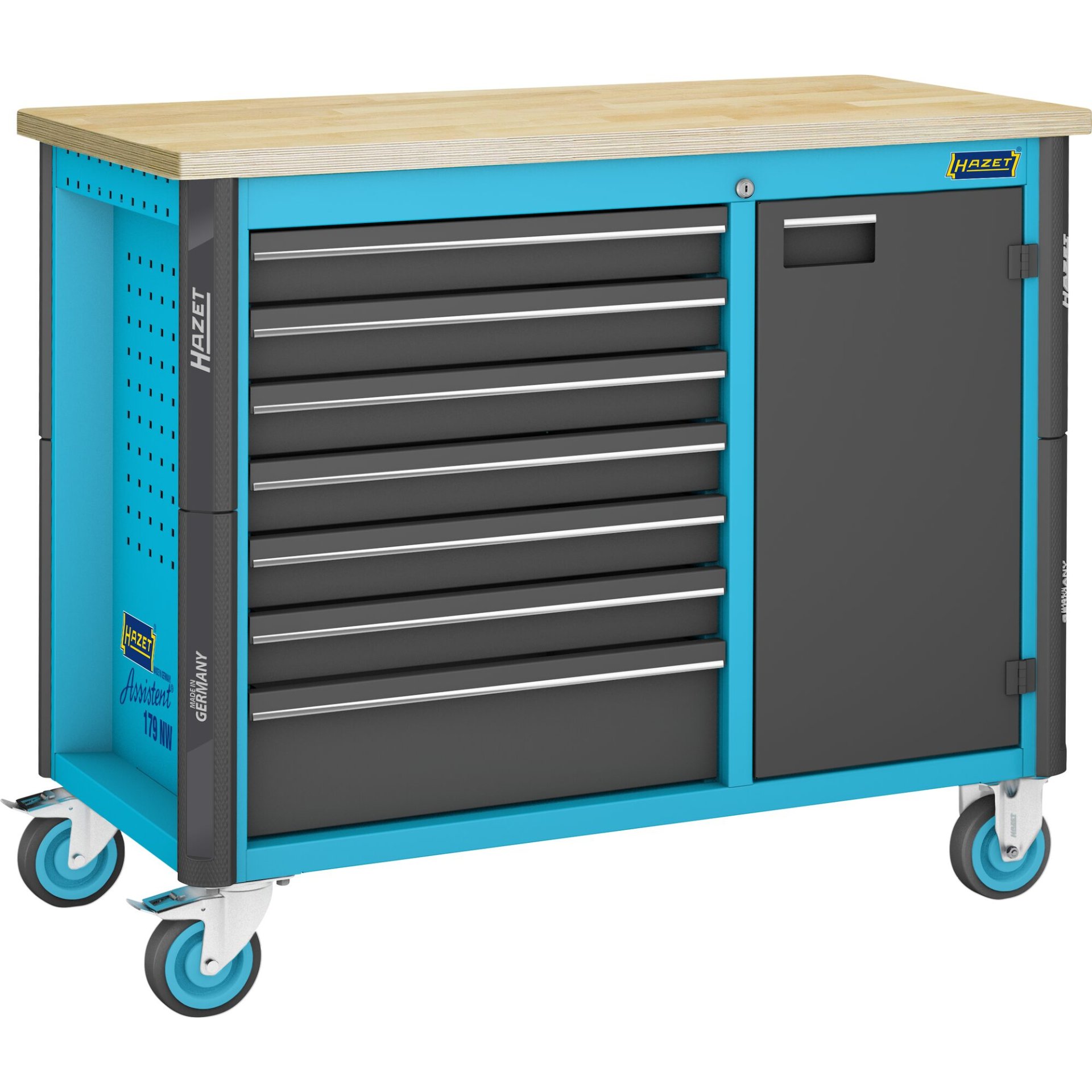 HAZET Établi mobile servante d'atelier Assistent 179NW-7 ∙ 1150 mm x 600 mm x 964 mm ∙ Tiroir, plat: 6 x 81 x 522 x 398 mm ∙ Tiroir, haut: 1 x 166 x 522 x 398 mm