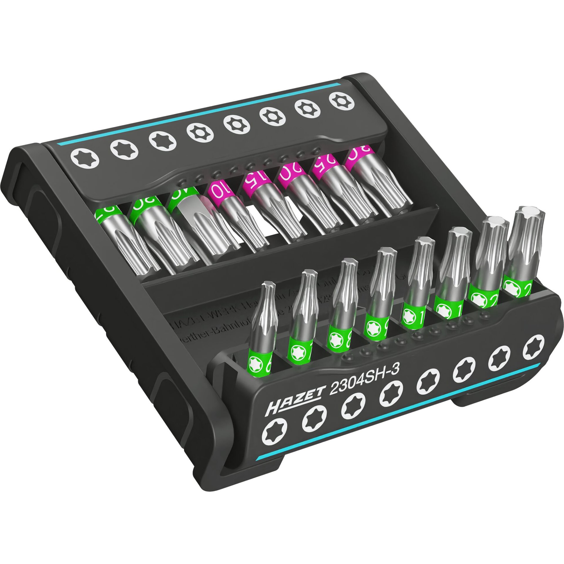 HAZET SmartHolder mit 16 Bits ∙ kurz 2304SH-3 ∙ 1/4 Zoll (6,3 mm) Sechskant massiv ∙ Innen TORX® Profil, Tamper Resistant TORX® Profil ∙ T6 – T40 ∙ T10H – T30H ∙ Anzahl Werkzeuge: 16