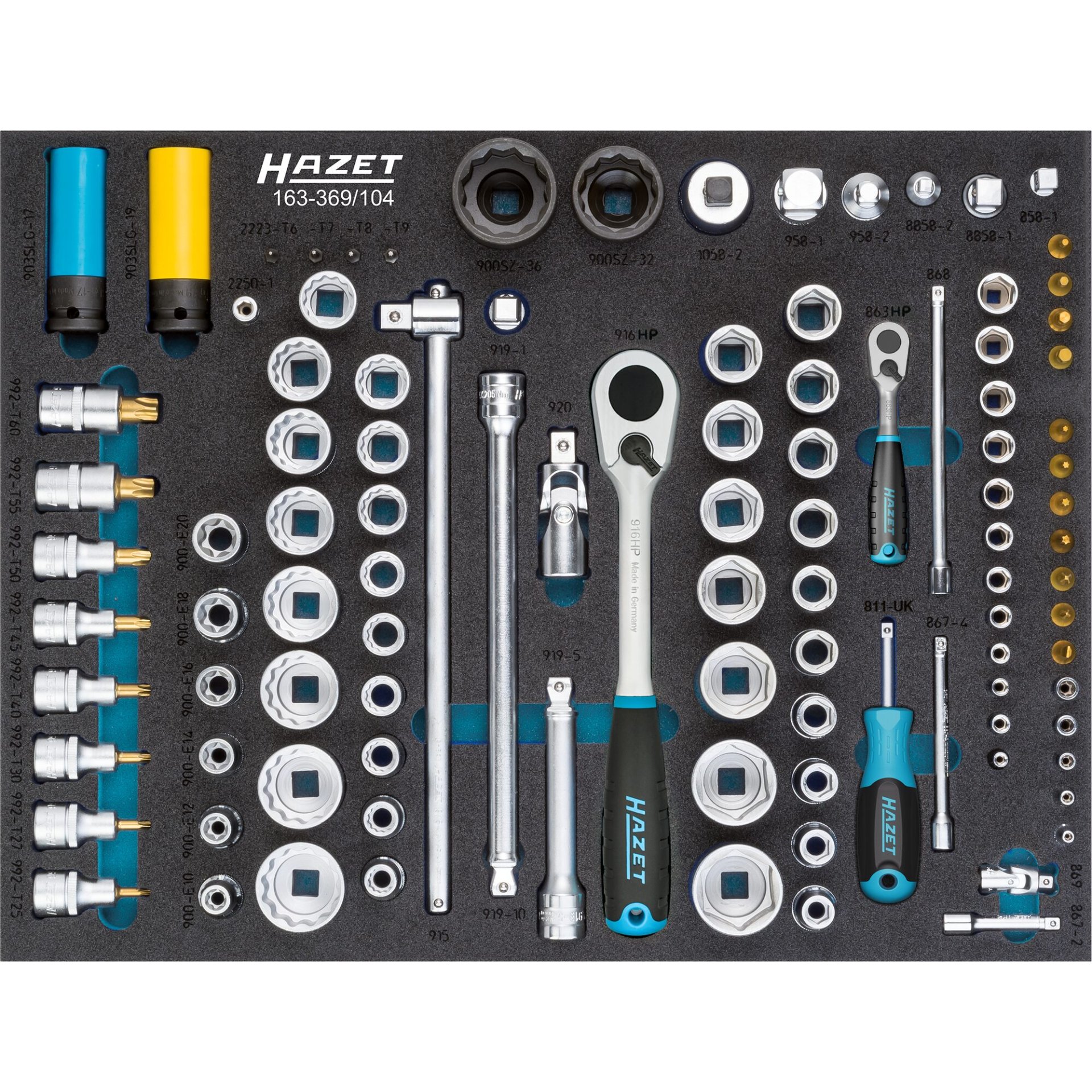 HAZET Jeu de clés à douilles 163-369/104 ∙ Carré creux 1/4 pouce (6,3 mm), Carré creux 1/2 pouce (12,5 mm), Carré massif 3/4 pouce (20 mm) ∙ Profil Traction à 6 pans extérieurs, Profil TORX® extérieur, Profil à 6 pans intérieurs, Profil TORX® intérieur, Profil Phillips PH, Profil Pozidriv PZ, Profil à fente ∙ 1 x 5,5 ∙ 3 – 36 ∙ E4 – E20 ∙ PH1 – PH2 ∙ T6 – T60 ∙ Nombre d'outils : 104