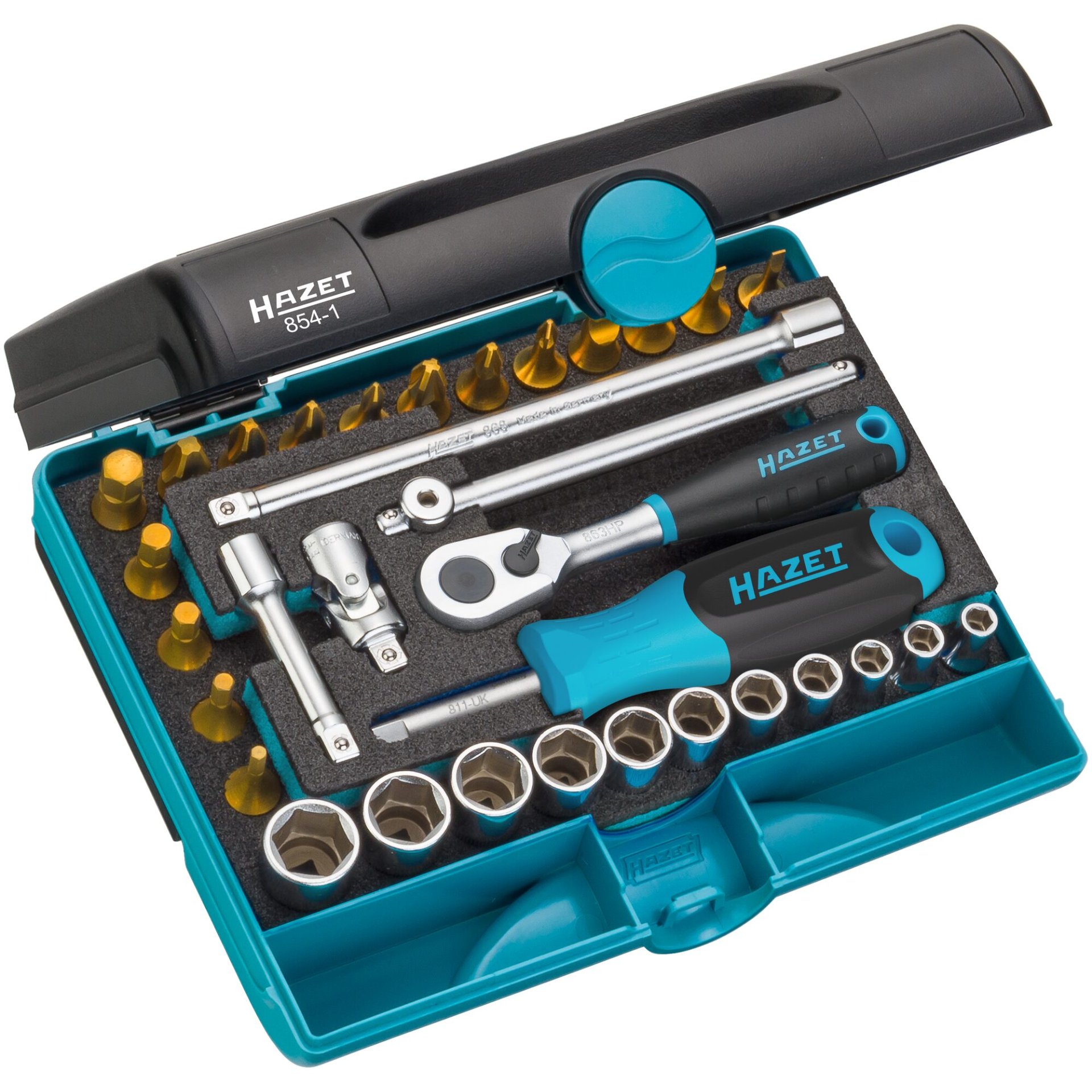 HAZET Steckschlüssel-Satz 854-1 ∙ 1/4 Zoll (6,3 mm) Vierkant hohl ∙ Außen-Tractionsprofil Sechskant, Innensechskant Profil, Kreuzschlitz Profil PH, Pozidriv Profil PZ, Schlitz Profil ∙ 33-teilig ∙ 3 – 14 ∙ PH1 – PH4 ∙ PZ1 – PZ3