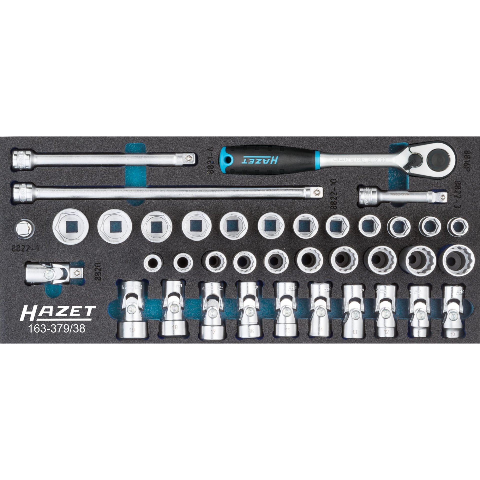 HAZET Socket set 163-379/38 ∙ 3/8 inch (10 mm) square, hollow ∙ Outside 12-point traction profile, Outside hexagon traction profile ∙ 10 – 22 ∙ Number of tools: 38