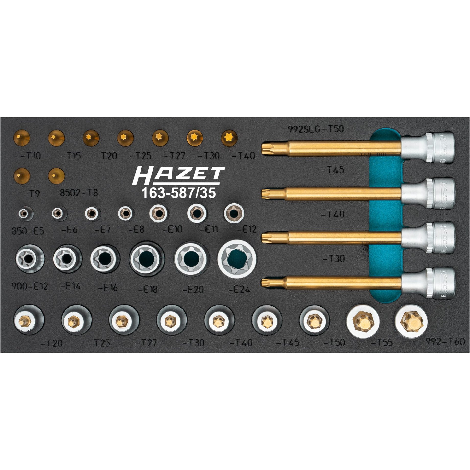 HAZET Screwdriver socket set ∙ TORX® 163-587/35 ∙ 1/4 inch (6.3 mm) square, hollow, 1/2 inch (12.5 mm) square, hollow ∙ Outside TORX® profile, Inside TORX® profile ∙ E6 – E24 ∙ T8 – T50 ∙ Number of tools: 35