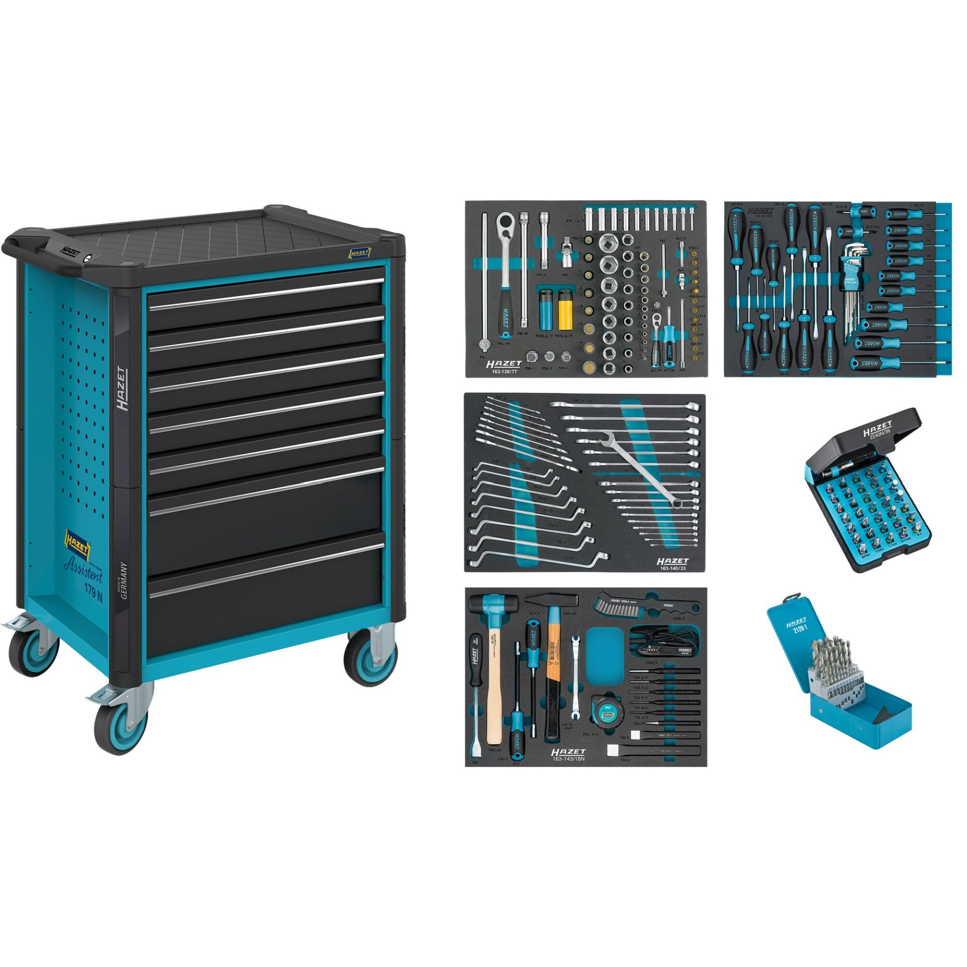 HAZET Werkstattwagen Assistent ∙ mit Sortiment 179N-7/220 ∙ 785 mm x 518 mm x 1020 mm ∙ Schubladen, flach: 5× 81 x 522 x 398 mm ∙ Schubladen, hoch: 2× 166 x 522 x 398 mm ∙ Anzahl Werkzeuge: 220