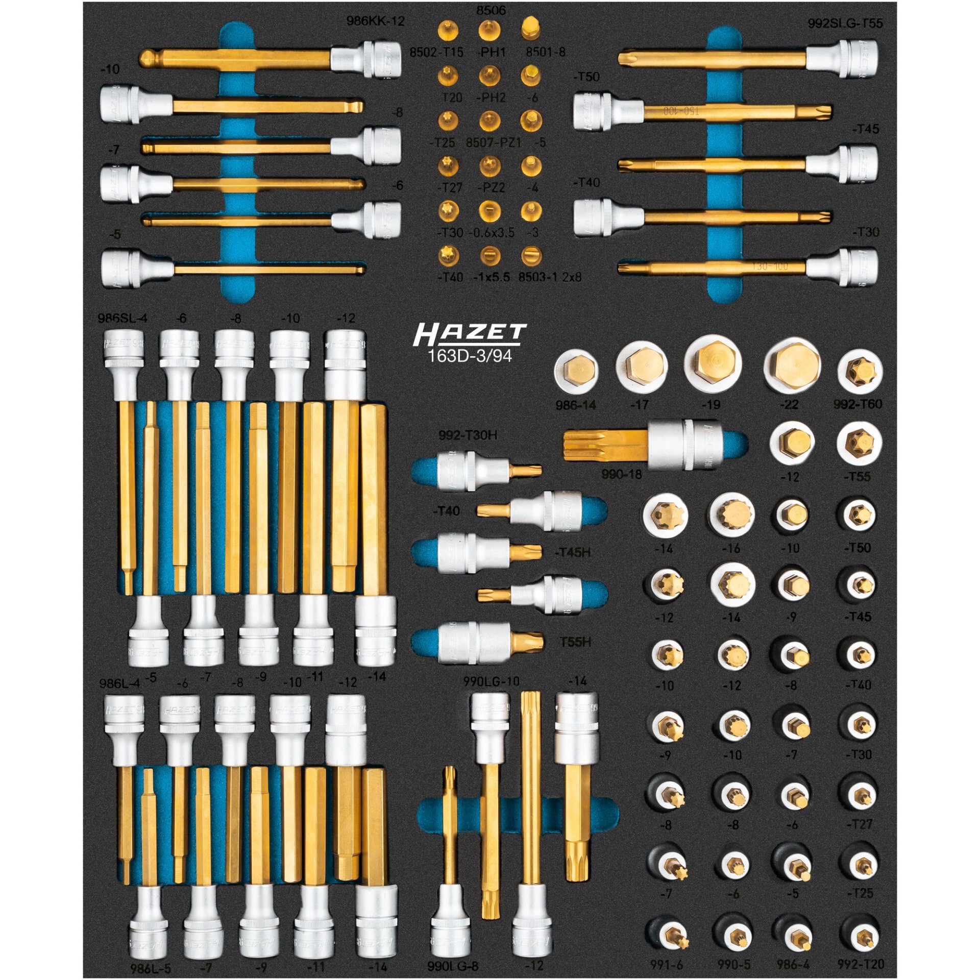 HAZET Jeu de douilles mâles 163D-3/94 ∙ 3 – 10 ∙ 0,6 x 3,5 – 1,2 x 8 ∙ M5 – M18 ∙ PH1 – PH2 ∙ PZ1 – PZ2 ∙ T15 – T60 ∙ Nombre d'outils : 94