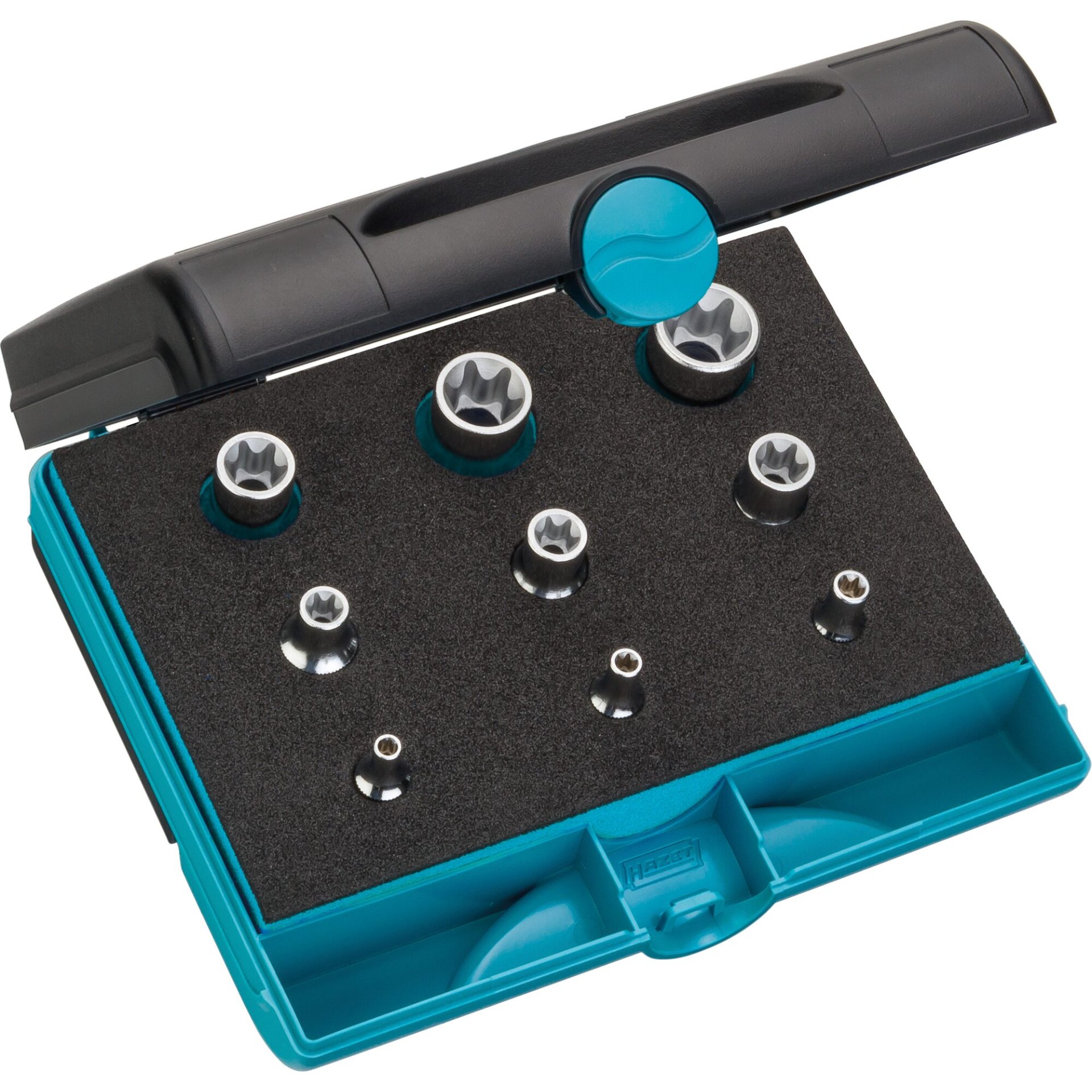 HAZET Tool set ∙ TORX® 1557/9 ∙ 1/4 inch (6.3 mm) square, hollow, 3/8 inch (10 mm) square, hollow, 1/2 inch (12.5 mm) square, hollow ∙ Outside TORX® profile ∙ E4 ∙ E5 ∙ E6 ∙ E8 ∙ E10 ∙ E12 ∙ E14 ∙ E18 ∙ E20 ∙ Number of tools: 9