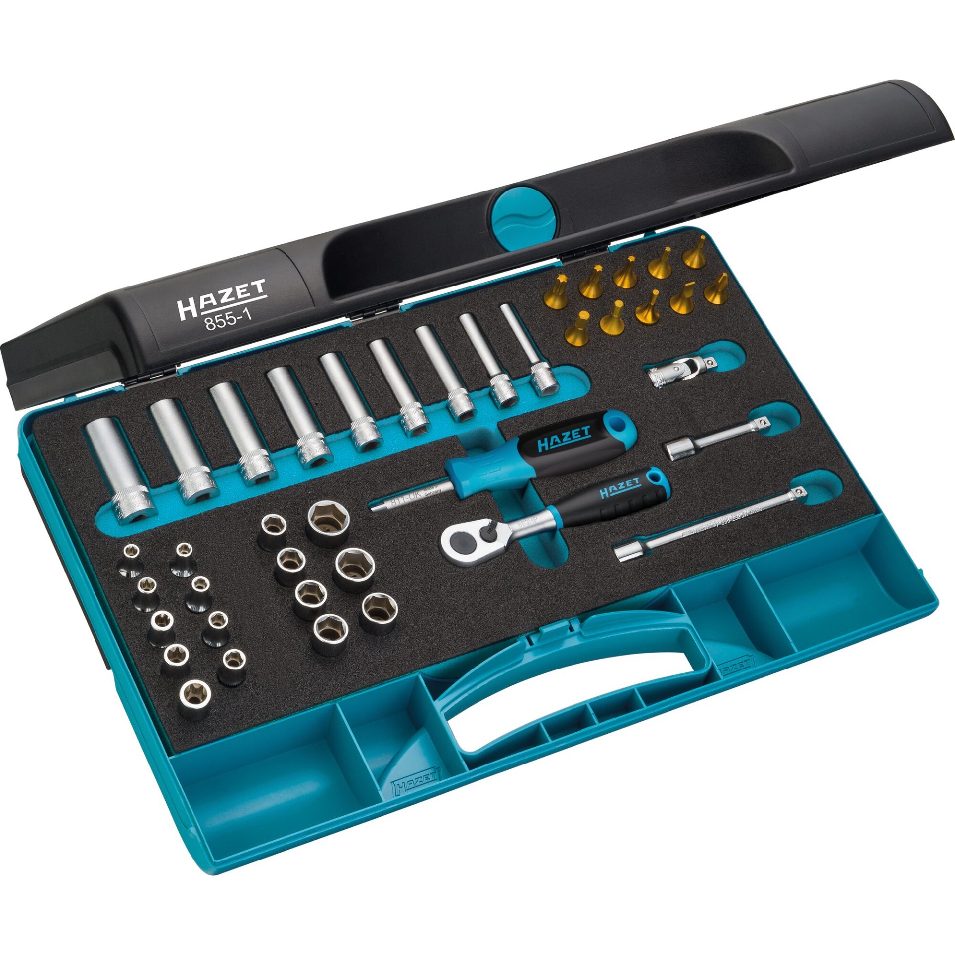 HAZET Steckschlüssel Satz 855-1 ∙ 1/4 Zoll (6,3 mm) Vierkant hohl ∙ Außen Sechskant-Tractionsprofil, Außen TORX® Profil, Innen TORX® Profil, Schlitz Profil, Kreuzschlitz Profil PH, Innen Sechskant Profil ∙ 1 x 5,5 ∙ 3 – 13 ∙ 3 ∙ E5 – E10 ∙ E6 ∙ PH2 ∙ T10 – T30 ∙ Anzahl Werkzeuge: 40