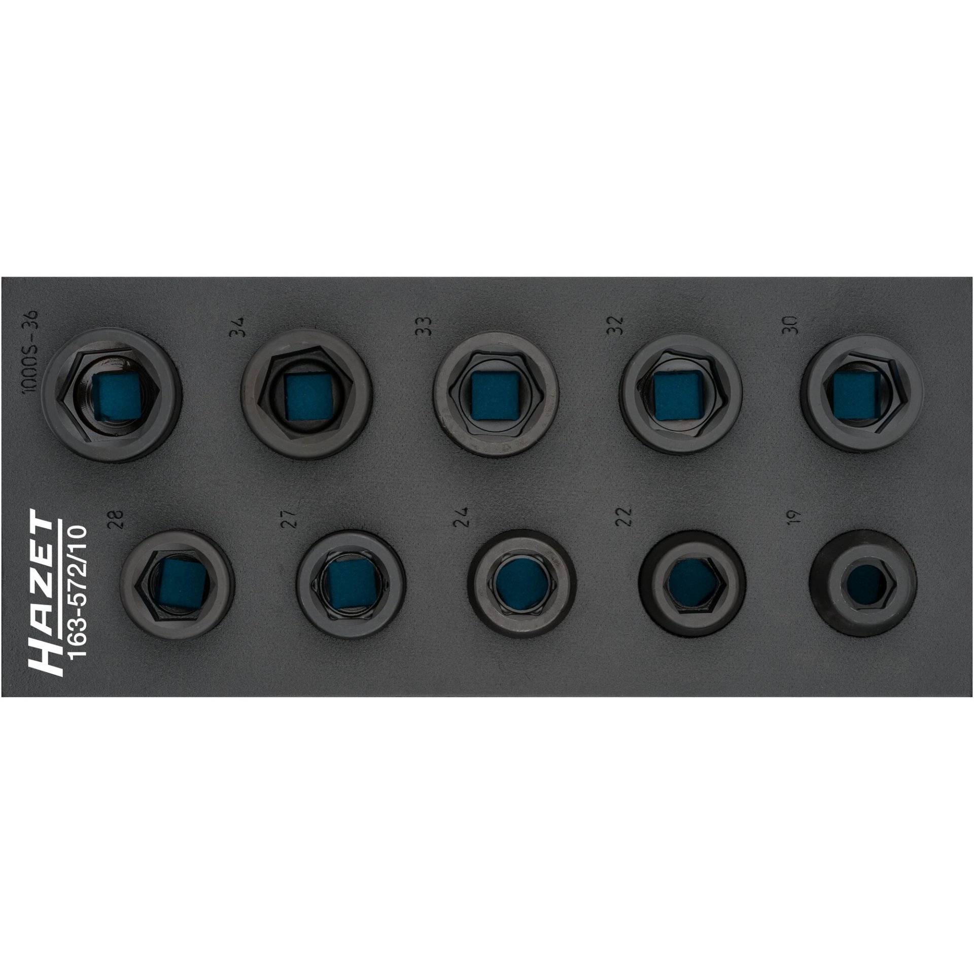 HAZET Jeu de douilles à chocs 163-572/10 ∙ Carré creux 3/4 pouce (20 mm) ∙ Profil à 6 pans extérieurs ∙ 19 ∙ 22 ∙ 24 ∙ 27 ∙ 28 ∙ 30 ∙ 32 ∙ 33 ∙ 34 ∙ 36 ∙ Nombre d'outils : 10