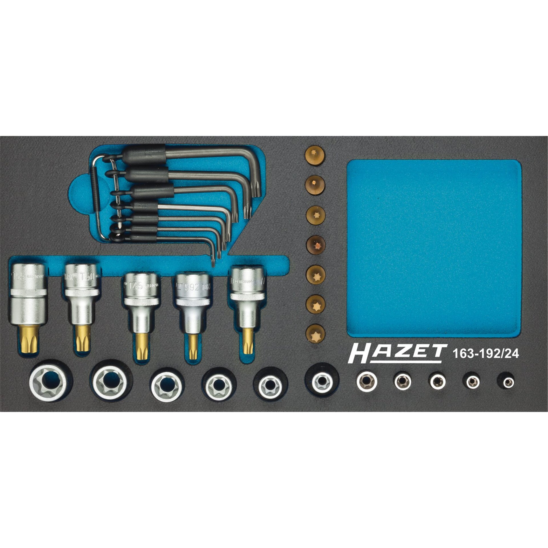 HAZET Socket set ∙ TORX® 163-192/24 ∙ 1/2 inch (12.5 mm) square, hollow, 1/4 inch (6.3 mm) square, hollow ∙ Outside TORX® profile, Inside TORX® profile ∙ T8 – T55 ∙ E5 – E20 ∙ Number of tools: 24