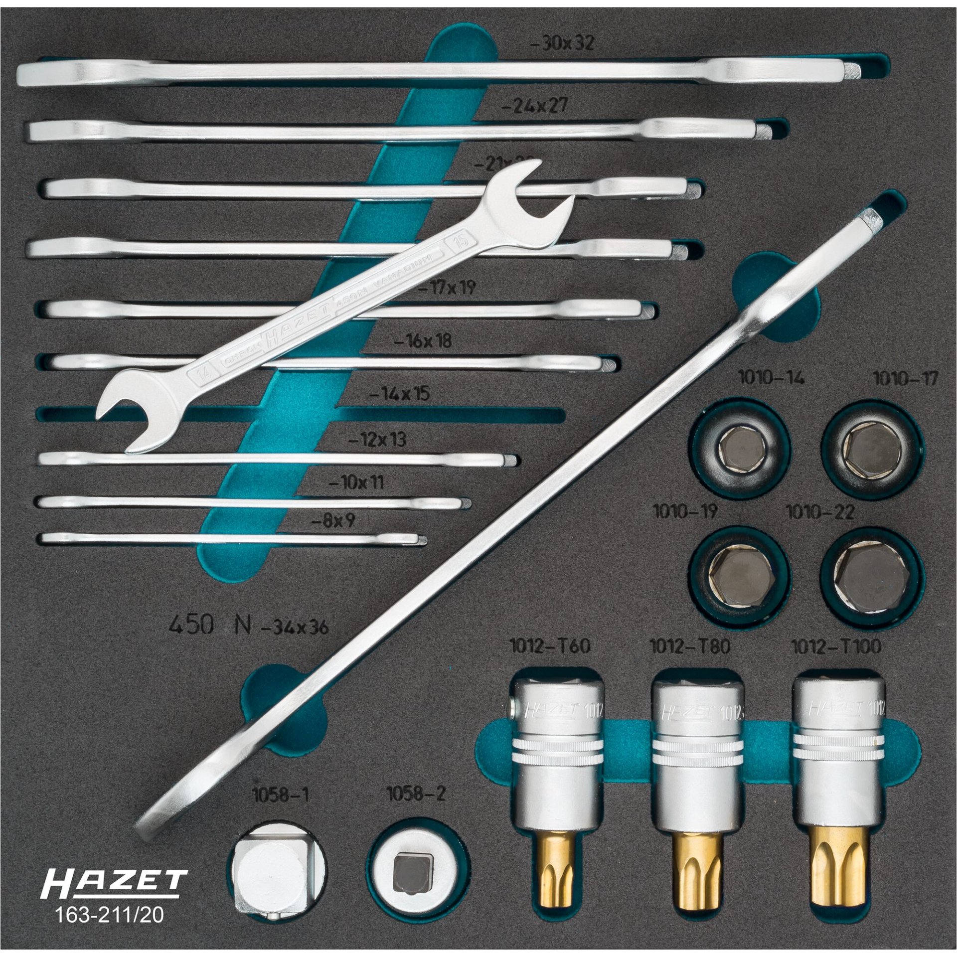 HAZET Wrench / socket set 163-211/20 ∙ 3/4 inch (20 mm) square, hollow ∙ Outside hexagon profile, Inside hexagon profile, Inside TORX® profile ∙ 8 x 9 – 34 x 36 ∙ T60 – T100 ∙ Number of tools: 20