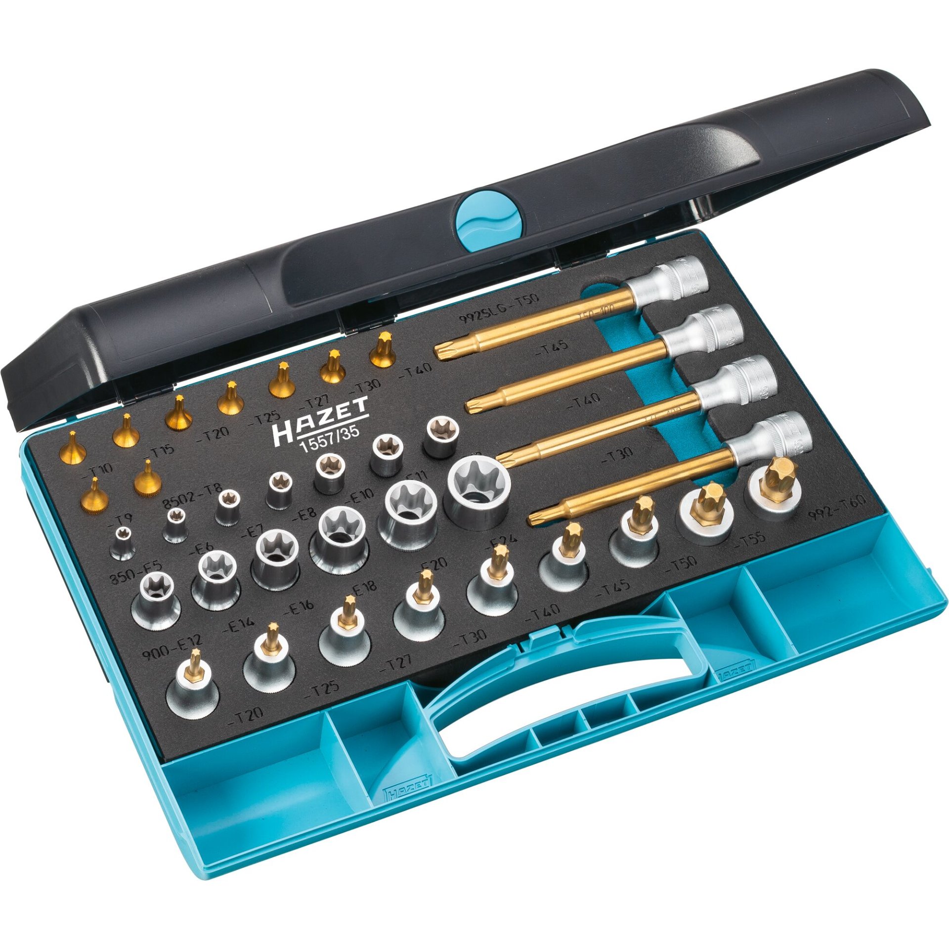 HAZET Tool set ∙ TORX® 1557/35 ∙ 1/4 inch (6.3 mm) square, hollow, 1/2 inch (12.5 mm) square, hollow ∙ Outside TORX® profile, Inside TORX® profile ∙ E6 – E24 ∙ T8 – T50 ∙ Number of tools: 35