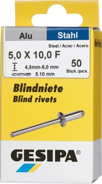 Bild von Blindniet Alu/Stahl Flachrundkopf Mini-Pack 5x10mm a 50Stück GESIPA
